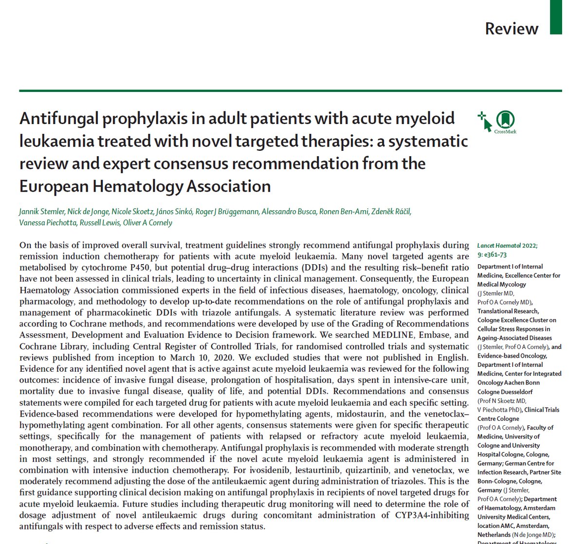 Oliver Cornely (@cornelyoliver) on Twitter photo š„of 2 worlds: targeted #AML #MyeloidLeukaemia treatment & #IFI prophylaxis.
Recommendations for patients: 20 targeted drugs x all antifungal classes <a href="/TheLancetHaem/">The Lancet Haematology</a>
thelancet.com/journals/lanhaā¦
<a href="/JannikStemler/">Jannik Stemler</a> @nadejonge <a href="/NSkoetz/">Nicole Skoetz</a> @VPiechotta <a href="/RonenBenAmi/">Ronen Ben-Ami</a> <a href="/EHA_Hematology/">European Hematology Association</a> š„of 2 worlds: targeted #AML #MyeloidLeukaemia treatment & #IFI prophylaxis.
Recommendations for patients: 20 targeted drugs x all antifungal classes <a href="/TheLancetHaem/">The Lancet Haematology</a>
thelancet.com/journals/lanhaā¦
<a href="/JannikStemler/">Jannik Stemler</a> @nadejonge <a href="/NSkoetz/">Nicole Skoetz</a> @VPiechotta <a href="/RonenBenAmi/">Ronen Ben-Ami</a> <a href="/EHA_Hematology/">European Hematology Association</a>