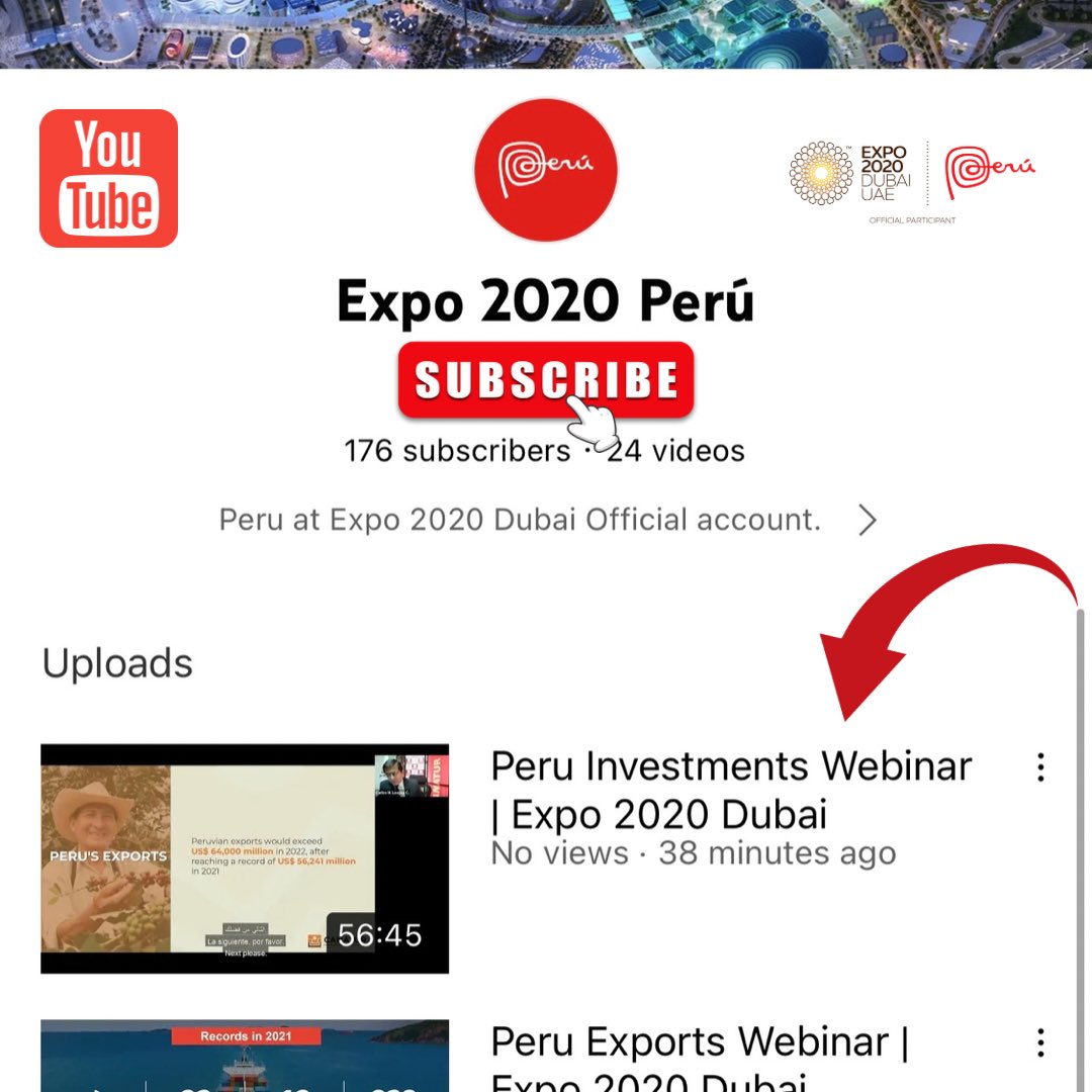 Expo2020Peru's tweet photo. Watch all 4 webinars from @expo2020dubai Series on our YouTube channel “Expo 2020 Perú” they are now available in English, Spanish and Arabic! 

Subscribe and get more insights about Peru at Expo, exports, investments and gastronomy! 

https://t.co/fv0k9pRdDM https://t.co/r2R2rLFEQ3