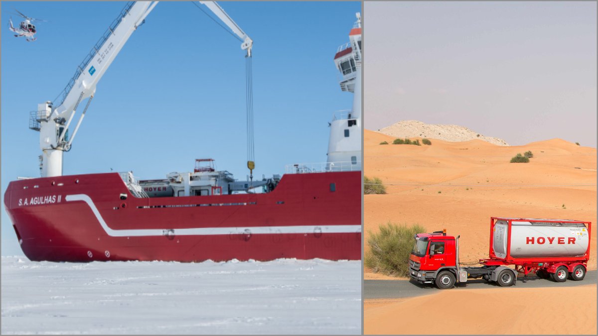 Whether desert or in Antarctica: our tanks can withstand extreme temperatures. Our photo shows the loading of fuel in the Antarctic and a road transport in Saudi Arabia. No matter where: we support our customers all over the world.
#HOYER #HOYERGroup #international