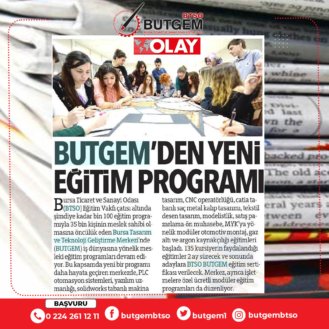 BUTGEM1's tweet photo. Açılan yeni eğitim programları ile ilgili çalışmalarımız, basında geniş şekilde yer buldu.
#BTSO #BUTGEM #Eğitim #Basın #Gazete https://t.co/01NUZwSv3S