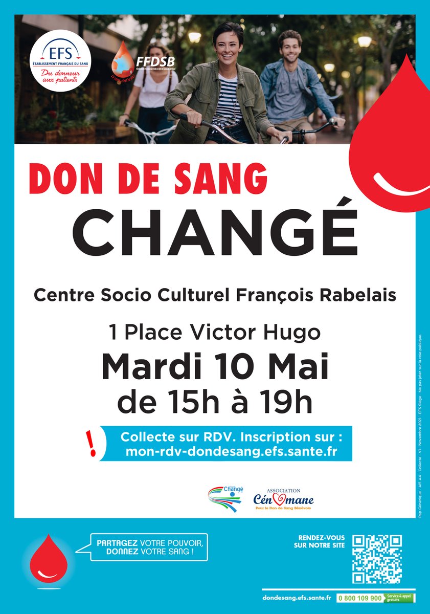 [DON DU SANG]

🩸 Mardi 10 mai de 15h à 19h
🩸 Centre F. Rabelais
🩸 Collecte sur rdv 

#dondusang #efs #associationcenomane #villechange72