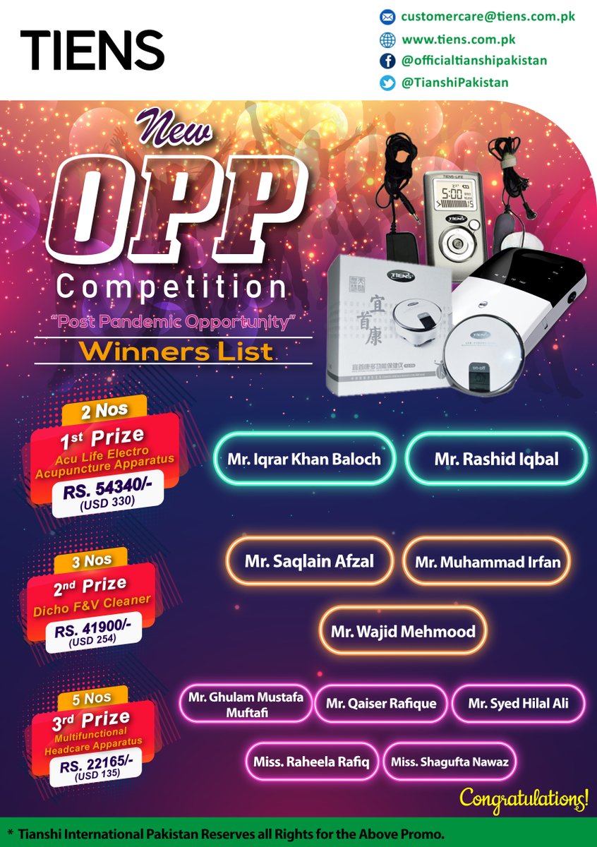 OfficialTianshi's tweet photo. Congratulations, you've Won the O.P.P Competition Contest.
Feeling so much joy for you today. What an Impressive Achievement.
Here is the List of OPP Contest Winners...
#tiens #tiensProduct #TiensGroup #TiensInternational #TiensPakistan #TiensWorld #tianshipakistan https://t.co/SVzFiwxkgq