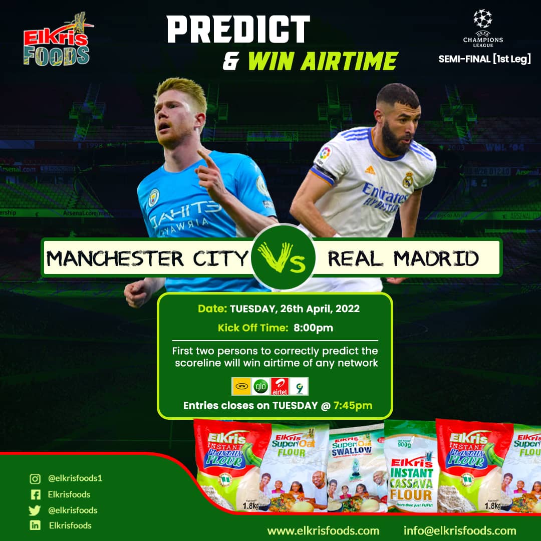 Be the  first to Predict the correct scoreline and stand a chance to win a recharge card.

How To Participate:
1. Follow <a href="/elkrisfoods/">Elkris Foods</a> on Instagram, Facebook, Twitter, and LinkedIn platform.

2. Tag your friends to win and share it on your social media platform.

T &amp; C Applied