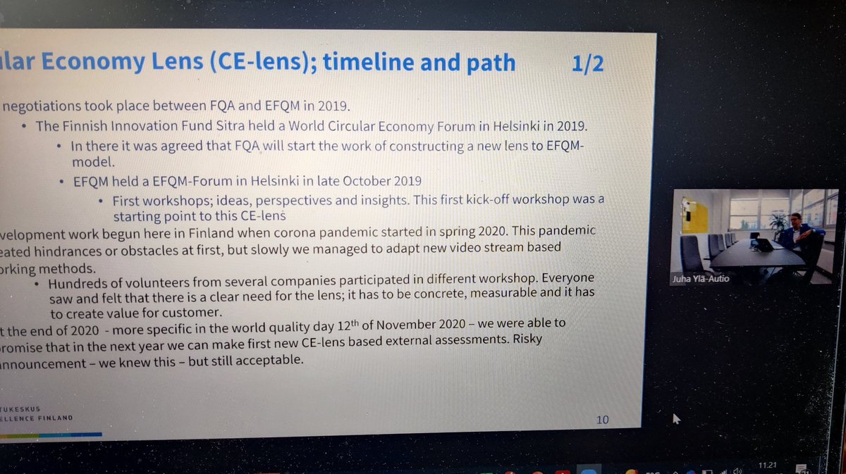 jaana_li's tweet photo. CE Lens is introduced European wide @EFQM webinar. 
Suomalaisin voimin @Laatukeskus 
kehitetty kiertotalouslinssi lähtee nyt maailmalle. 🙌🏼🙌🏼🎉
Esittelemässä @YlaJuha 
#kiertotalous #circulareconomy #EFQM https://t.co/xFEFqENz2k