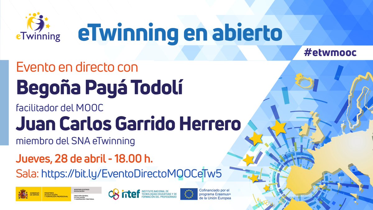 👩‍💻¿Estás participando en el MOOC eTwinning en abierto #etwmooc? 
👉No te pierdas el evento en directo el próximo 28.04.22 a las 18h. y resuelve todas tus dudas.