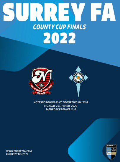 FCDGalicia's tweet photo. Our season draws to a close this evening as we face @Nottsborough in the final of the @surreyfa Premier Cup. Come &amp; get this last trophy game in at Meadowbank Football Ground, Mill Lane, Dorking, RH4 1DX - goals alongside entertaining football - good luck to both teams #DGL ⚽️ https://t.co/P29AwAYZGD
