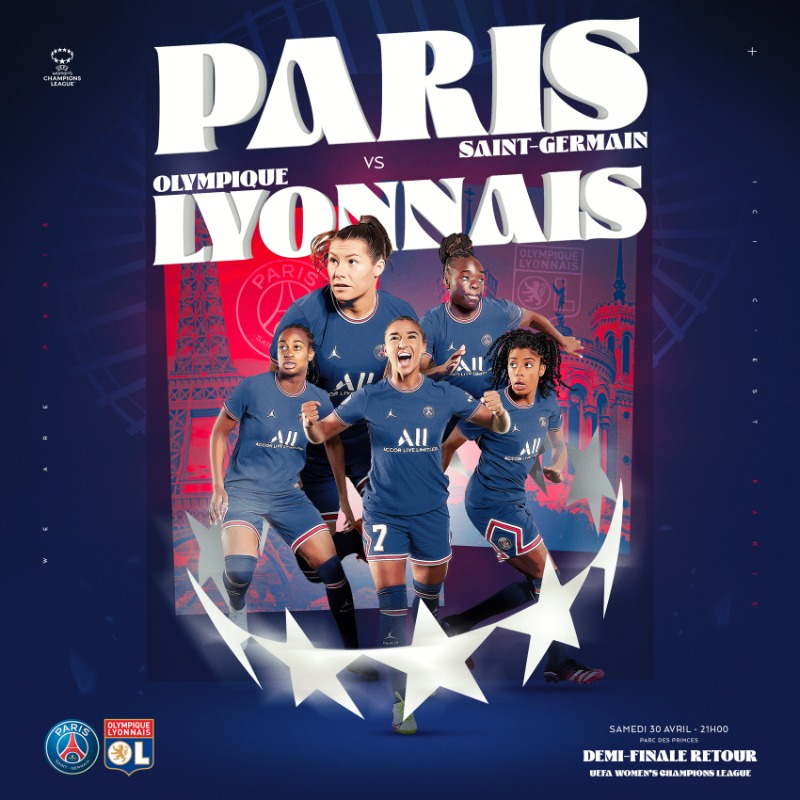 PSG_Feminines's tweet photo. Le Parc des Princes accueille la demi-finale retour d’@UWCL 🆚  Lyon ce samedi ! 🏟

Venez nombreux pour soutenir les Féminines en quête d’une place en finale ! 🔴🔵  
🎫 Réservez votre place pour le choc.