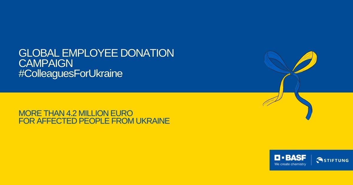 BASF's tweet photo. 2,110,156 € donated BASF employees to the BASF Stiftung (BASF Foundation) as part of the company-wide initiative #ColleaguesForUkraine. BASF will double the amount. This means that a total of more than €4.2 million will benefit those affected by the war. https://t.co/BFahh2pYUP https://t.co/Rv93o5do2e