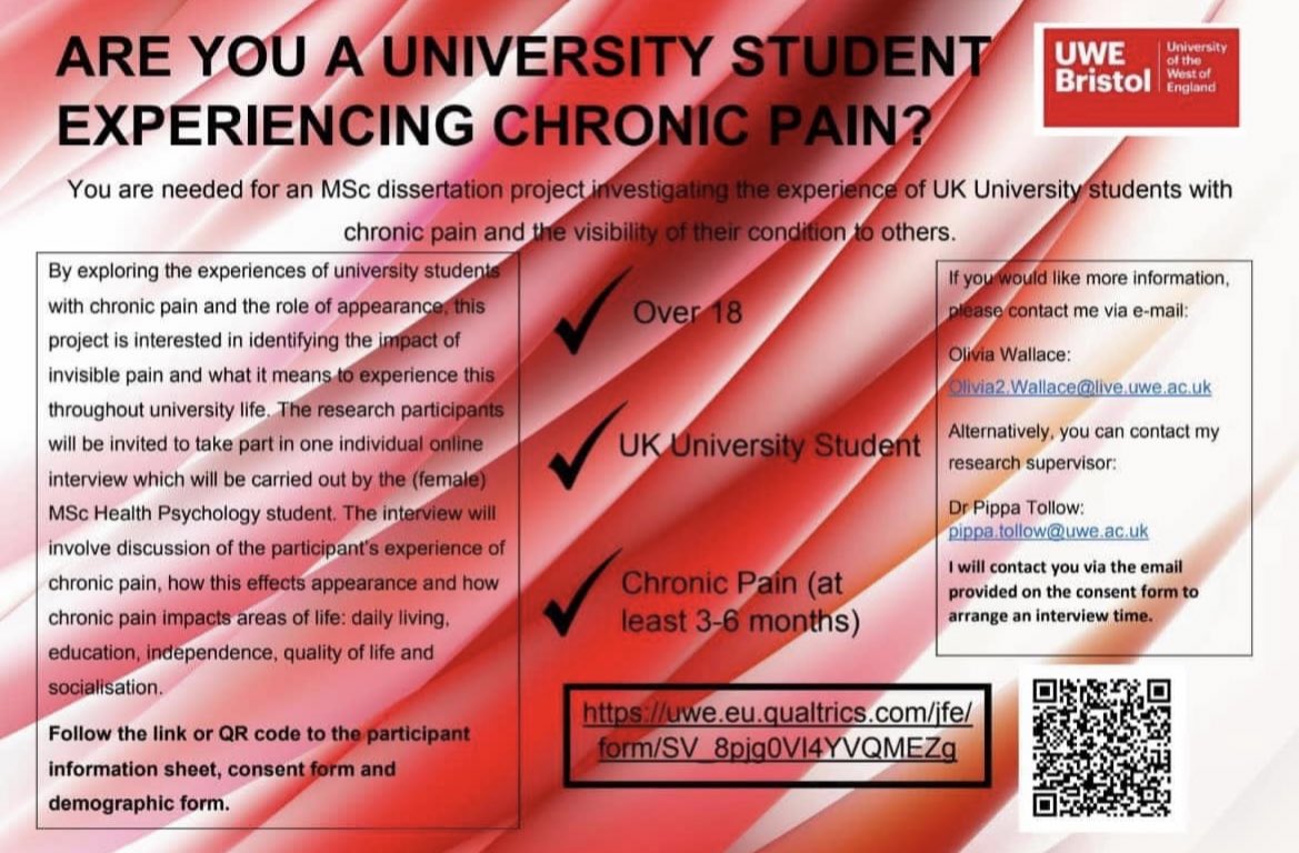 ARE YOU A CURRENT UNIVERSITY STUDENT WITH CHRONIC PAIN? Follow this link uwe.eu.qualtrics.com/jfe/form/SV_8p… to the qualtrics form and I will contact you to arrange an online interview! <a href="/UWEHealthPsy/">UWE Health Psych</a> <a href="/pippatollow/">Dr Pippa Tollow</a> <a href="/divhealthpsych/">BPS DHP</a>