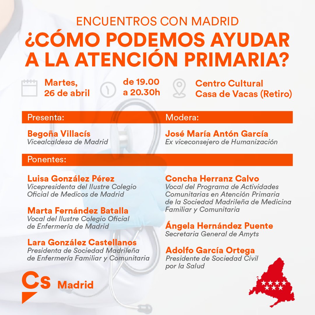 CS_Madrid's tweet photo. 🩺 ¡Recuerda! Mañana nos vemos en nuestro Encuentro por Madrid:
"¿Cómo podemos ayudar a la atención primaria?"

🗓 Martes, 26 de abril
🕖 De 19.00 a 20.30h
📍Centro Cultural Casa de Vacas (Parque del Retiro)

📝 No olvides inscribirte aquí:
https://t.co/pEeqvtJRiT https://t.co/tw0OKUxQYZ