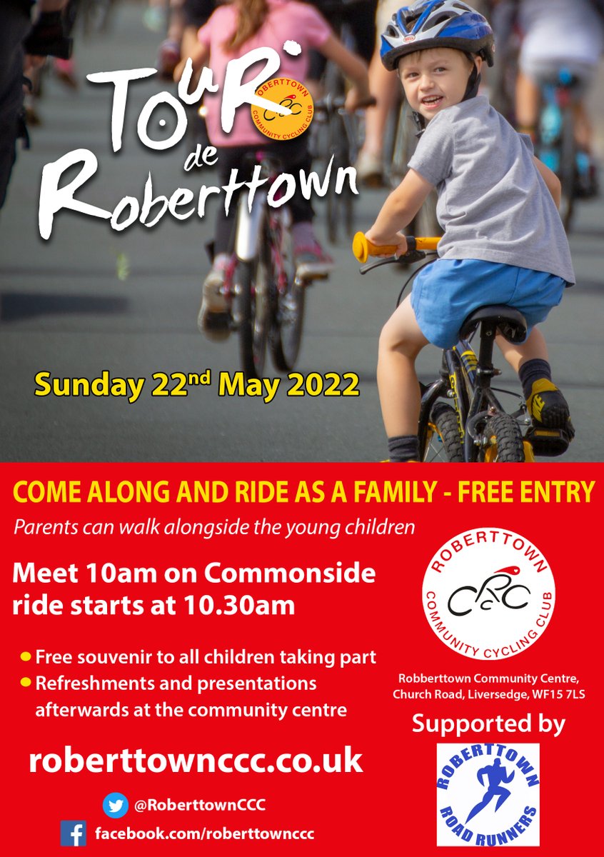 The Tour de Roberttown is a free to enter 2.7 mile family bike ride for people of all abilities finishing at the Community Centre where there will be refreshments available and souvenirs for the children taking part.
Taking place on 22 May. Meet on Commonside for a 10.30am start.