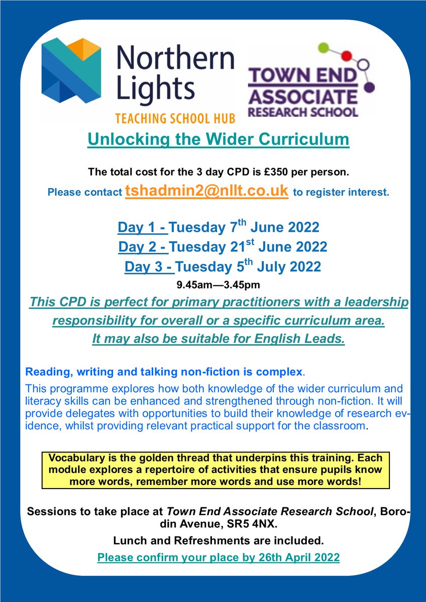 NLTSHub's tweet photo. LAST CHANCE TO SIGN UP!!!!!!!📢Calling all primary practitioners with a leadership responsibility for a curriculum area! Join us, and 
@TownEndResearch
 for a 3-day CPD programme https://t.co/z2ujDbYnj1