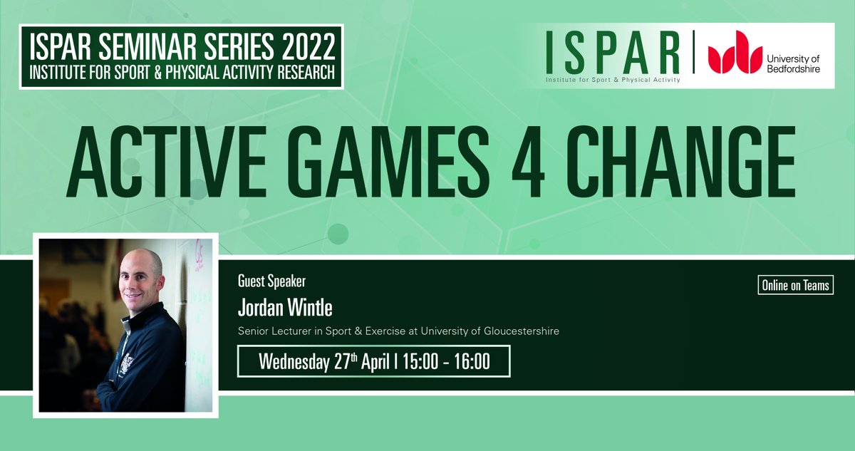 THIS WEDNESDAY 3PM - <a href="/ISPAR_UoB/">ISPAR</a> Seminar Series is pleased to host <a href="/jordanwintlePE/">Dr Jordan Wintle</a> presenting his project 'Active Games 4 Change' - online - all welcome #PhysEd #pechat @UoB_SSPA @UoB_TE <a href="/SportandPhysEd/">Sport and Phys Ed</a> 
🗓️27th April
🕒3-4pm BST
📍MS Teams shorturl.at/iFJ57