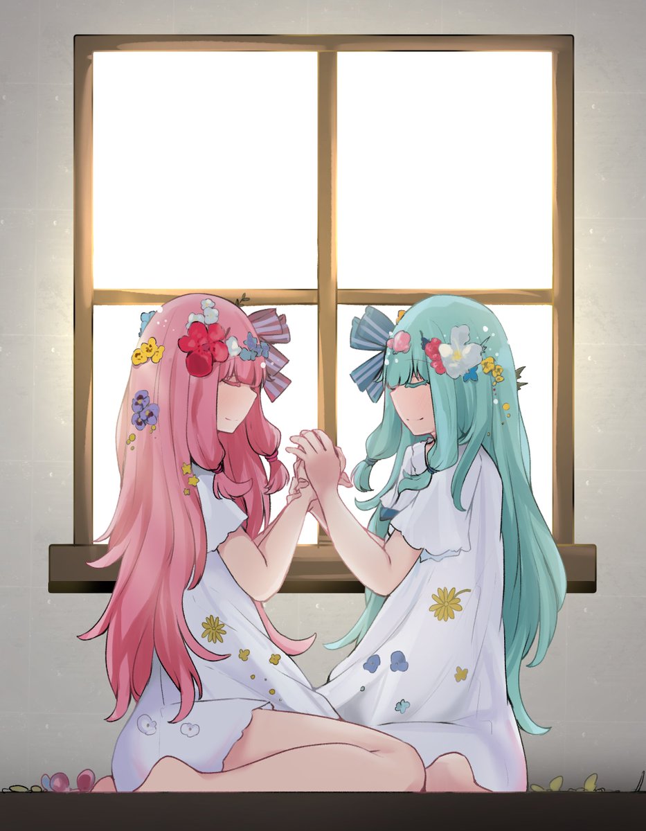 kotonoha akane ,kotonoha aoi multiple girls 2girls sisters pink hair siblings holding hands flower  illustration images