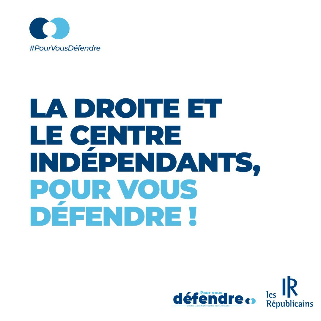 lesRepublicains's tweet photo. Nous sommes la droite et le centre indépendants pour vous défendre !

🇫🇷 Les 12 et 19 juin, choisissez des députés #PourVousDéfendre ! https://t.co/Rqe8Qtpgjs