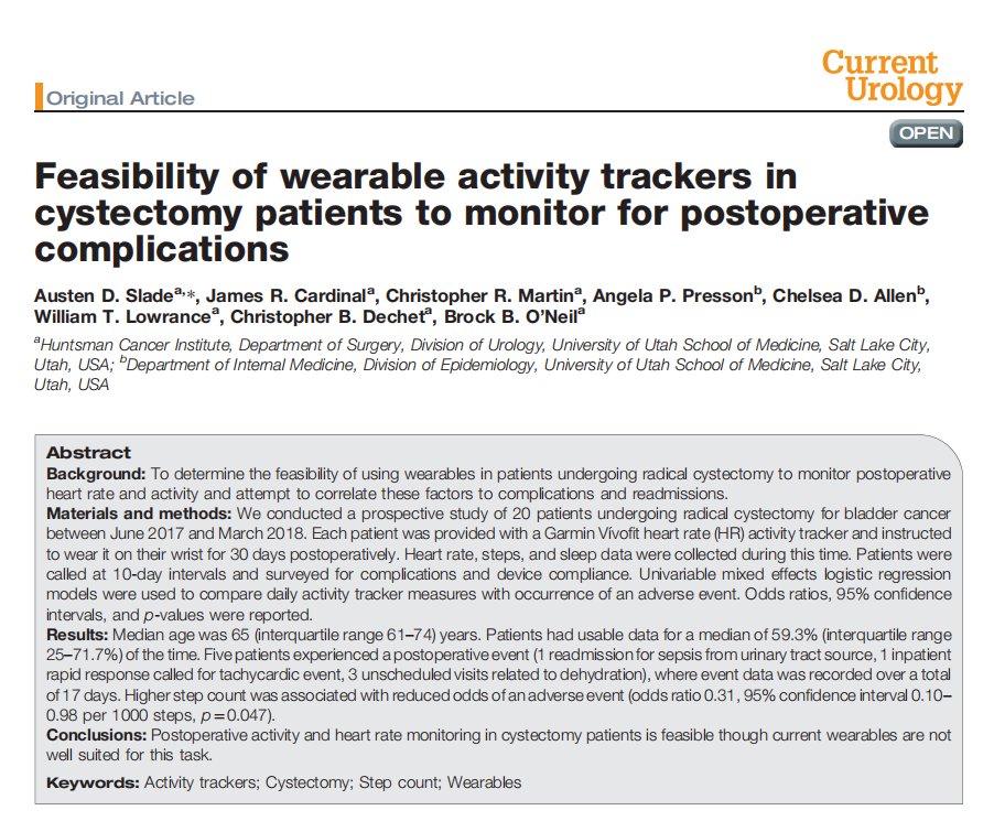 Current_Urology's tweet photo. #PopularArticle: Feasibility of wearable activity trackers in cystectomy patients to monitor for postoperative complications. See more in: https://t.co/TyWeiw8mnk https://t.co/84AYWftGcb