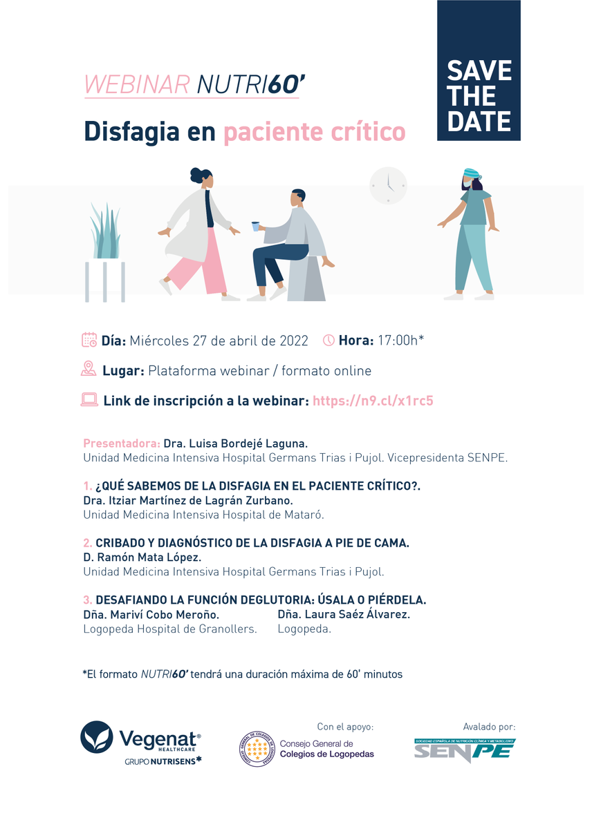 📣 SAVE THE DATE!

👉🏻 Webinar Nutri60': Disfagia en el paciente crítico

Miércoles 27 de abril 🗓️ 17:00🕓

Formato online 📲

Con el aval de <a href="/SENPE_/">SENPE</a> y el apoyo de <a href="/consejologopeda/">Consejo Logopedas</a>

Inscríbete en el link👇🏻

vegenathealthcare.es/area-profesion…