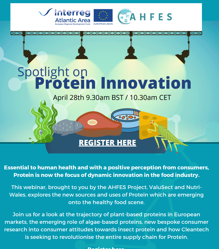AhfesProject's tweet photo. Join us for a look at plant-based proteins and the role of algae-based proteins, new consumer research towards insect protein and how Cleantech is revolutionising the supply chain for Protein.
Register here https://t.co/ziTbYiPEIe
#AHFES #AtlanticArea #Interreg #MadeWithInterreg https://t.co/LYeuRU8yuB