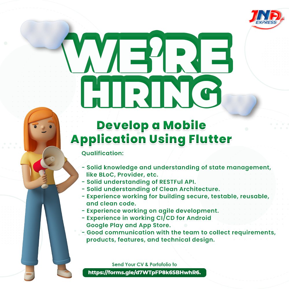 jnaexpress_'s tweet photo. Halo Guys! Ada kabar gembira nih..
JNA EXPRESS lagi buka lowongan untuk posisi Develop a Mobile Application Using Flutter.

Jika kalian berminat dan memenuhi kualifikasi diatas, silahkan drop CV dan PORTOFOLIO kalian ke email diatas.

Kami tunggu yah! Semoga berhasil 😉
. https://t.co/83LgK42sod