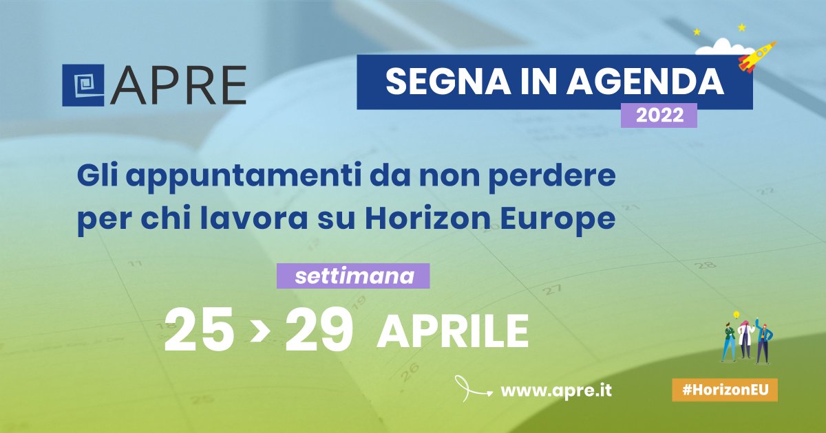 APRE (@apre_it) on Twitter photo ๐ SEGNA IN AGENDA... ๐Gli appuntamenti per chi lavora su #HorizonEU ๐
๐ธ Clean urban transition at the centre of the Smart Cities Marketplace Forum
๐
 26-27.04, Bruxelles 
๐น Info Day #WIDERA programme
๐
 27.04 ๐
..e molti altri. 
๐ apre.it/eventi
#apreagenda ๐ SEGNA IN AGENDA... ๐Gli appuntamenti per chi lavora su #HorizonEU ๐
๐ธ Clean urban transition at the centre of the Smart Cities Marketplace Forum
๐
 26-27.04, Bruxelles 
๐น Info Day #WIDERA programme
๐
 27.04 ๐
..e molti altri. 
๐ apre.it/eventi
#apreagenda