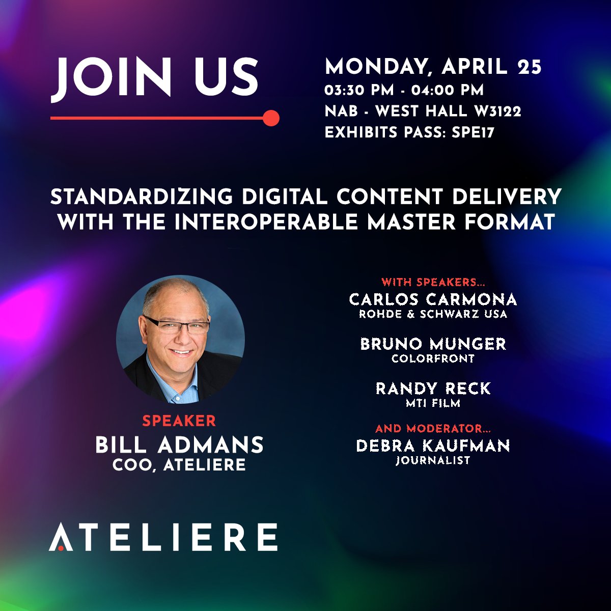 TeamAteliere's tweet photo. Ateliere is at #NAB2022. Ateliere’s Bill Admans joins a panel of #SMPTE and #IMFUG experts as they explore the benefits of using the Interoperable Master Format (IMF.) All you need is an exhibits pass. Monday, April 25 at 3:30 PM in the West Hall - W3122. https://t.co/nPmTYulvmg https://t.co/QpY2QYMzCV