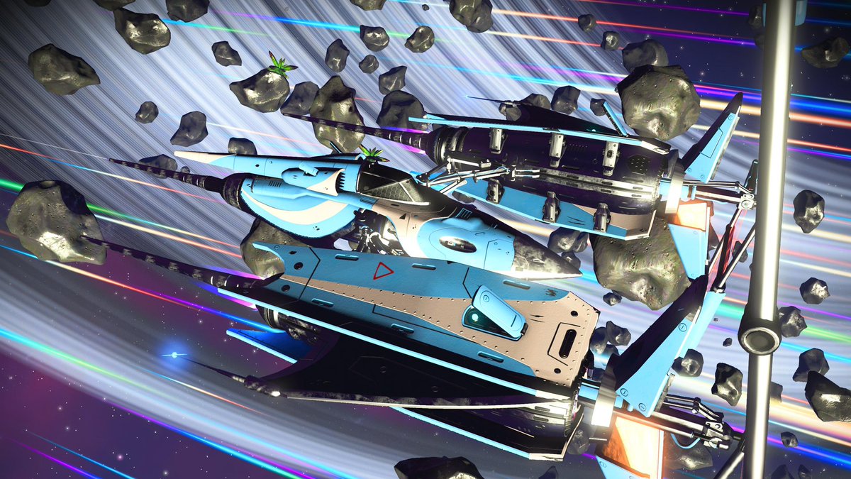 Imperfecting_It's tweet photo. Blue and chrome raven solar ship in Euclid galaxy. Horza tips, rectangle hex sails, shielded wings. 🥰

#NoMansSky #NoMansSkyOutlaws #VirtualPhotography #SolarShip https://t.co/COxC8qJVAl