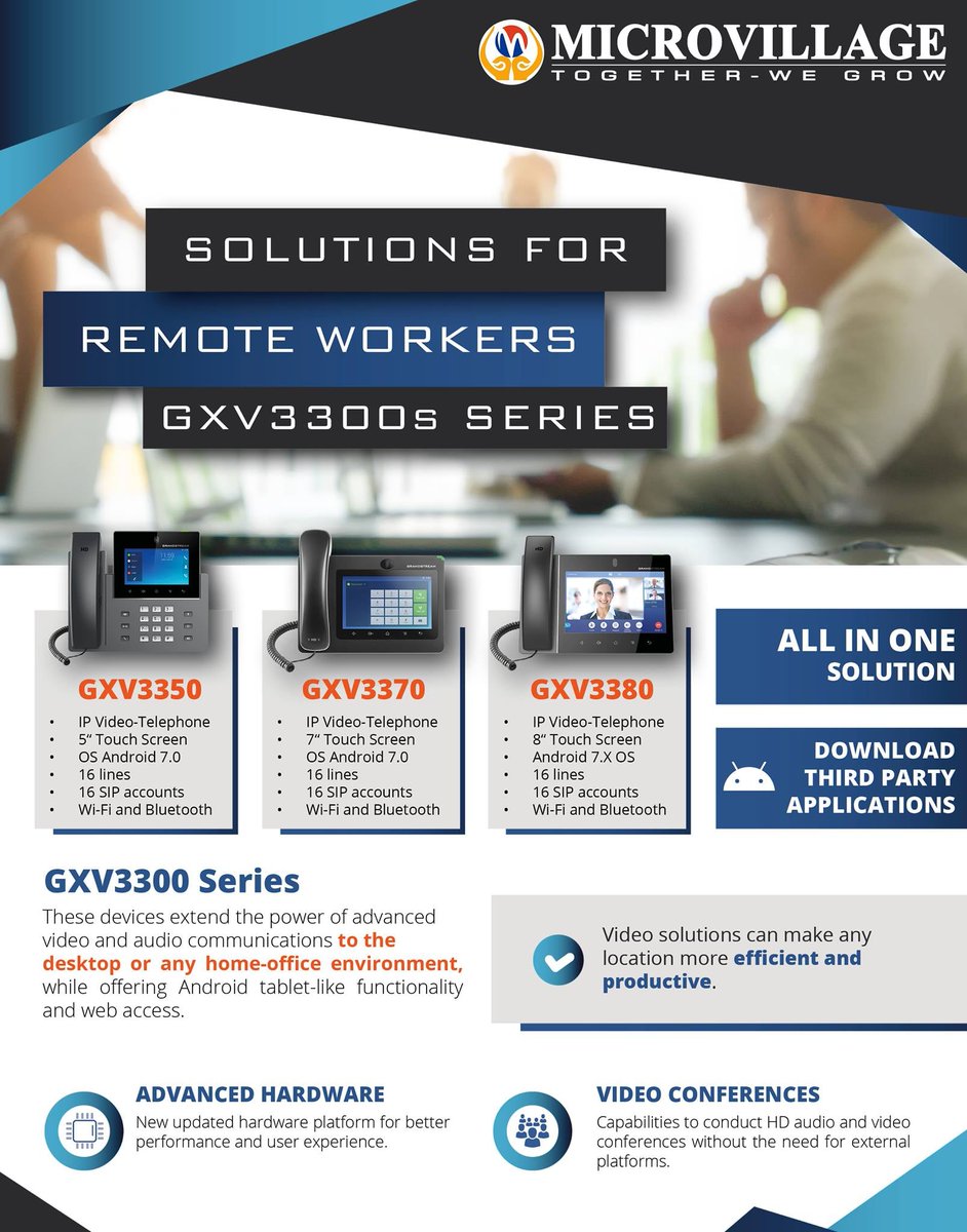 micro_village's tweet image. Solution for Remote workers!

GXV3300's Series : These devices extend the power of advanced video and audio Communications to the desktop or any home-office environment , while offering Android tablet like functionality and web access.

#Remotework #GXV3300series #IPVideophone