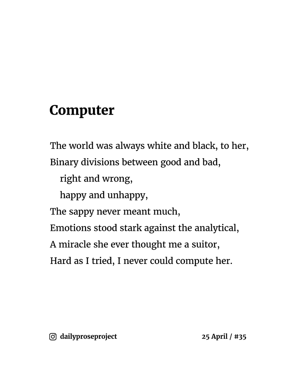 daily_prose's tweet photo. A new poem every day.

📔 25 April / #35 - "Computer"⁠

#escapril #escapril2022 #poemoftheday #dailypoetry #dailyprose #poemaday #dailyproseproject https://t.co/lMMTeGw9Vm