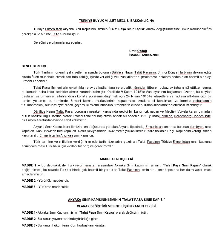 Zafer Partisi Genel Başkanı Prof. Dr. Ümit Özdağ tarafından hazırlanan Türkiye-Ermenistan arasındaki sınır kapısının isminin "TALAT PAŞA SINIR KAPISI" olarak değiştirilmesine ilişkin kanun teklifi TBMM'ye sunuldu.
Retweet ve beğenileriniz ile toplumsal desteğinizi bekliyoruz.