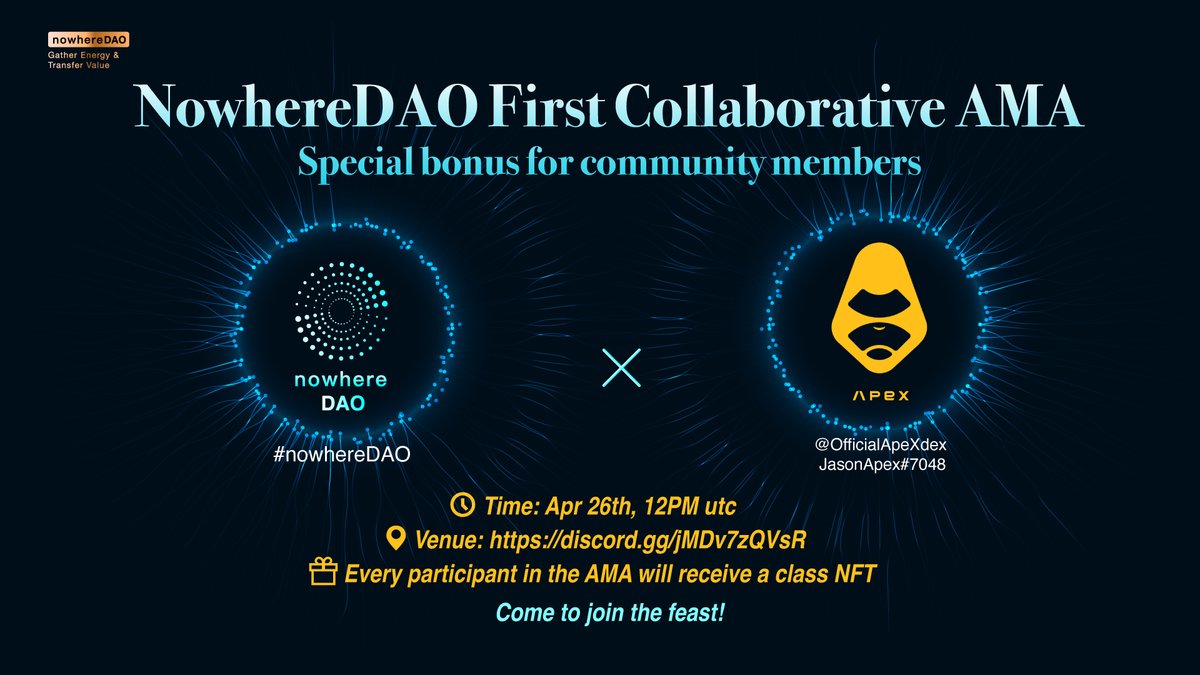 A9_Labs_'s tweet photo. 📢#nowhereDAO First Collaborative AMA with @OfficialApeXdex

⏰Time: Apr 26th, 12PM utc
🏠Venue: https://t.co/cQA1GPeYag
💰Rewards: One Quark-Ⅰ #NFT for Every Participant

〽️Rules:
1⃣ Follow @nowhereDAO &amp; @OfficialApeXdex
2⃣ Like &amp; RT
3⃣ Comment Your Questions
#AMA #APEX #crypto https://t.co/l0S7Ua5fMD