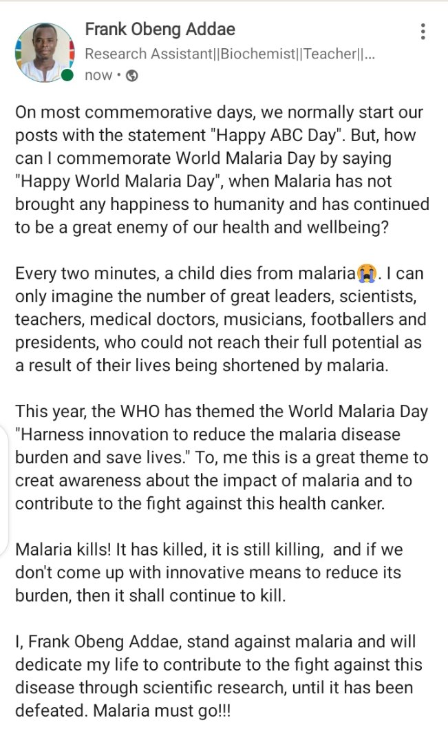 FrankObengAdda2's tweet photo. Malaria is a great enemy to our health and wellbeing. We must defeat this health canker!!!
#WorldMalariaDay2022

@WACCBIP_UG @JHMRImalaria @NMIMR_UG @HarvardMalaria @MalariaNoMore @DuraisinghLab @fidocklab @mgcbg_cbil @dyann_wirth @flamcatt @pcr_guy @gordon_awandare @AniwehYaw https://t.co/zYSrlrdPST