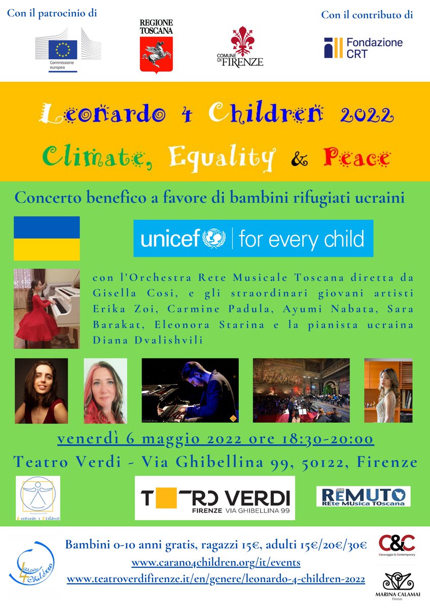 Siamo lieti di annunciare il prossimo evento #Leonardo4Children a #Firenze Teatro Verdi venerdi 6 maggio alle 18:30 a favore di <a href="/UNICEF/">UNICEF</a> per bambini ucraini. Biglietti al link: teatroverdifirenze.it/.../leonardo-4…
#art #science #climate #equality #peace #children #concert