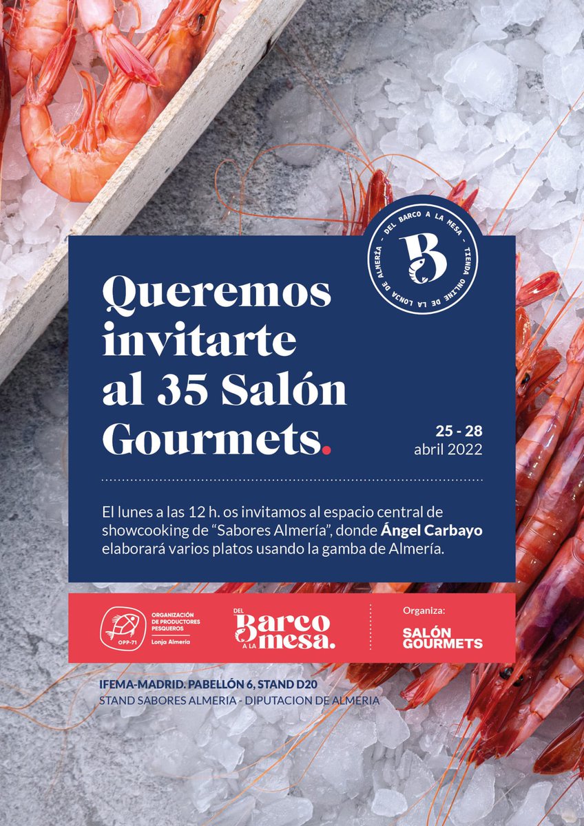 CEPESCA's tweet photo. ❤️🦐❤️🦐Nuestra asociada, la Organización de Productores Pesqueros de Almería #OPP71 @Delbarcoalamesa, también está en #SG22: #Showcooking #SaboresAlmería 12:00 Estand D20 Pabellón 6 @SalonGourmets https://t.co/M8Cvnj6f9l