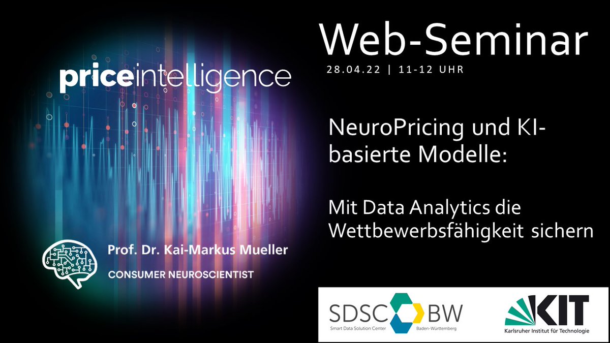 Der beste Preis für ein Produkt?
📢Web-Seminar 28.4. Kai-Markus Mueller /<a href="/SebastianKlumpp/">Sebastian Klumpp</a>
  antworten darauf und zeigen, wie die Stärken #KI-basierter #Algorithmen und der #Neurowissenschaften ideal kombiniert werden können.#pricing  #dataanalytics
Infos bit.ly/3xUUzdh