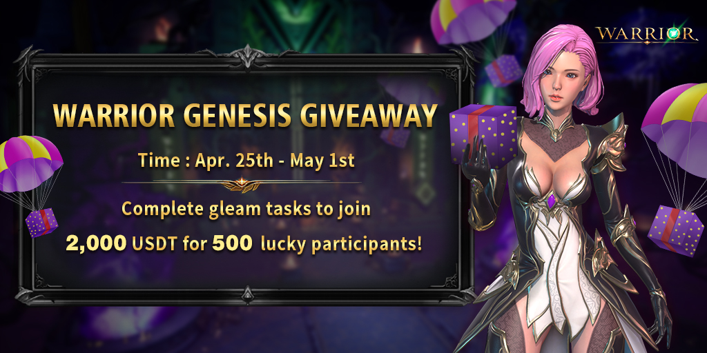 ✨Warrior Genesis #Giveaway is Live!
📅Time: Apr.25th-May 1st
💸Rewards: 500 winners share 2000 USDT

✍️Gleam: bit.ly/3xQfD4A
📌Rules:
1. Follow us, RT our onepager &amp; post a tweet
2. Join our Tg &amp; discord community
3. Leave BSC Address
4. Refer friends

 #Airdrop #GameFi
