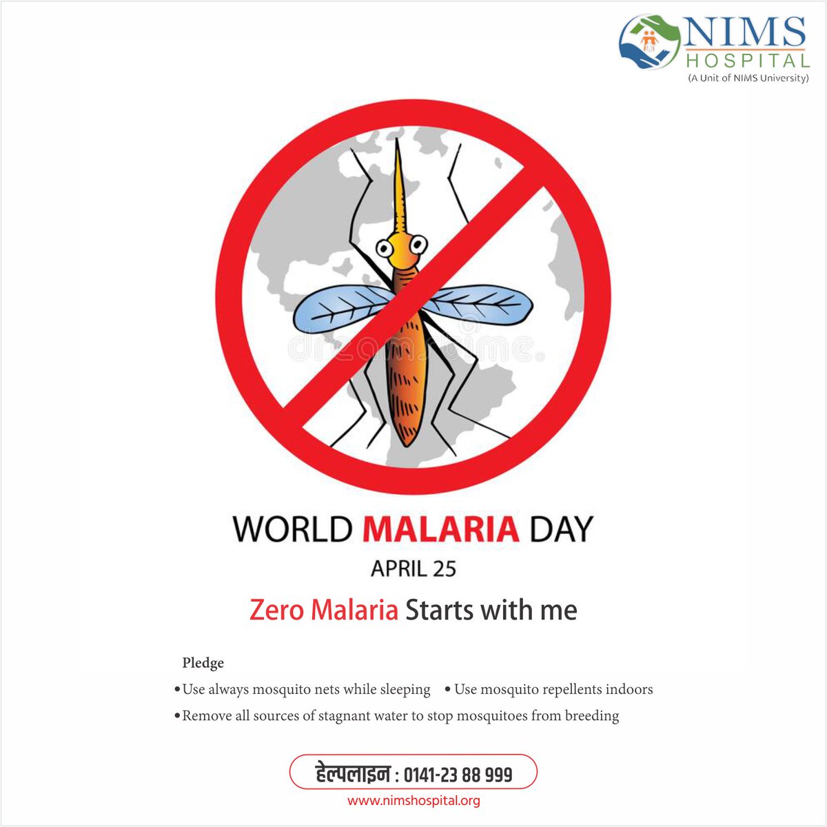 NIMShospital_'s tweet photo. On #WorldMalariaDay, Let's take Pledge to stop Malaria 
• Use always mosquito nets while sleeping
• Use mosquito repellents indoors
• Remove all sources of stagnant water to stop mosquitoes from breeding https://t.co/c0AmdMaXWW