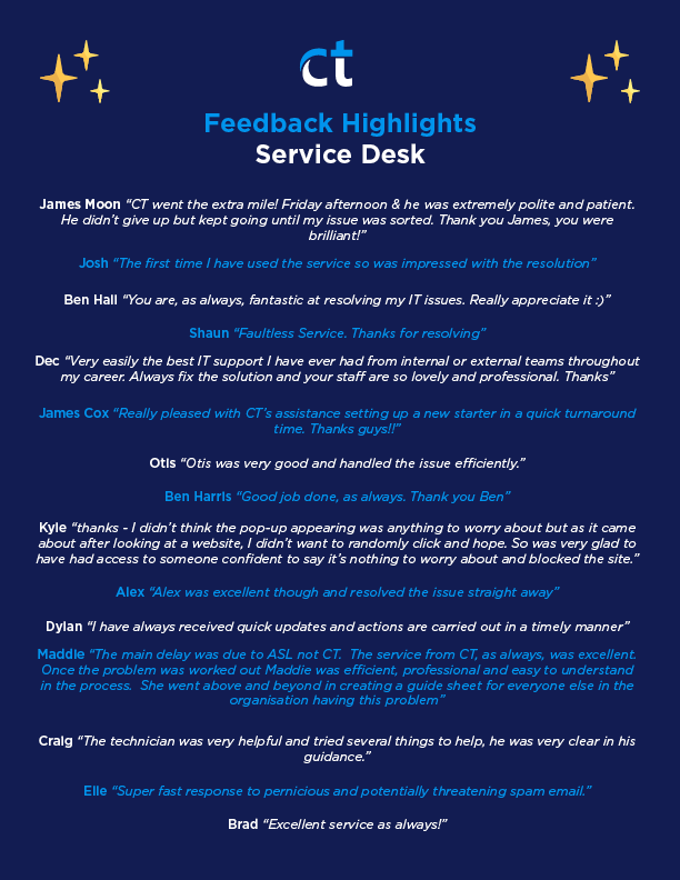 CentralTechLtd's tweet photo. Spreading the positivity this Monday 💙
Here's some amazing feedback for our brilliant Service Desk team from the last month!
#positivecomments #TeamCT https://t.co/pJknn90WYQ