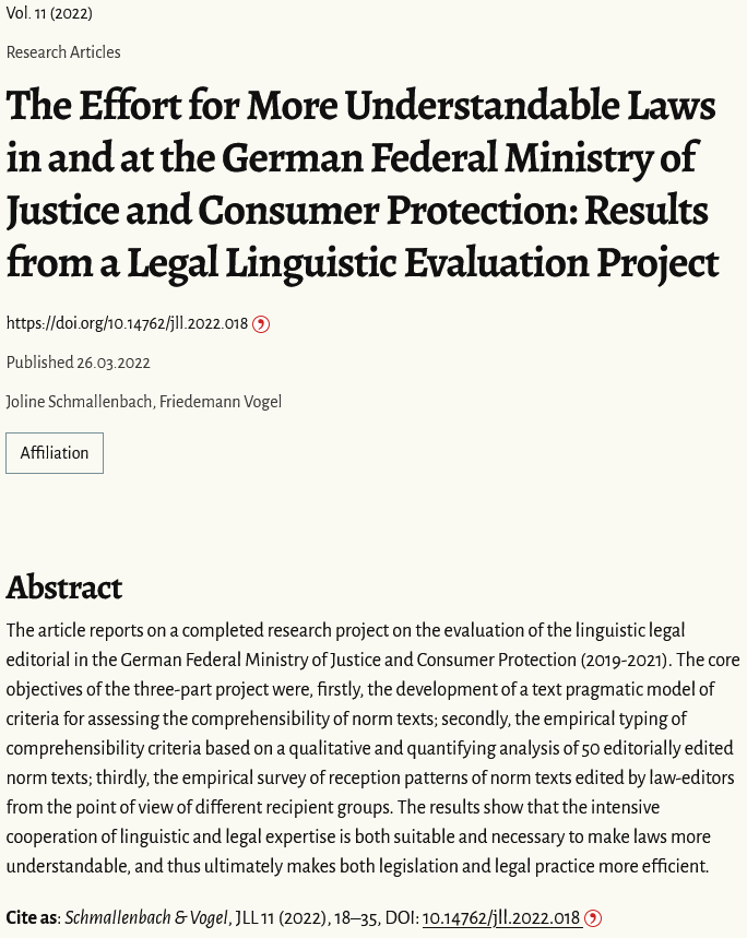 "The Effort for More Understandable Laws in and at the German Federal Ministry of Justice and Consumer Protection: Results from a Legal Linguistic Evaluation Project"
by Joline Schmallenbach &amp; <a href="/VogelFriedemann/">Friedemann Vogel</a> @#JLL  #legislation #drafting #openaccess: languageandlaw.eu/index.php/jll/…