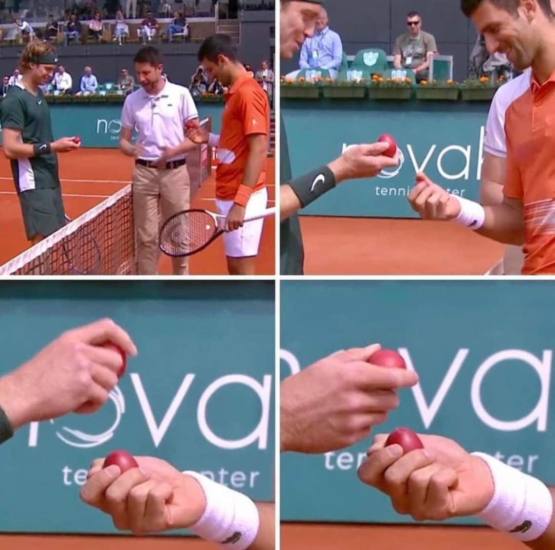 Doxologie_'s tweet photo. Au lieu de lancer des pièces, Djokovic et Rublev ont cassé des œufs aujourd'hui pour déterminer qui sera le premier à servir pour la finale de l'Open de Serbie https://t.co/ib4XbxS5zy