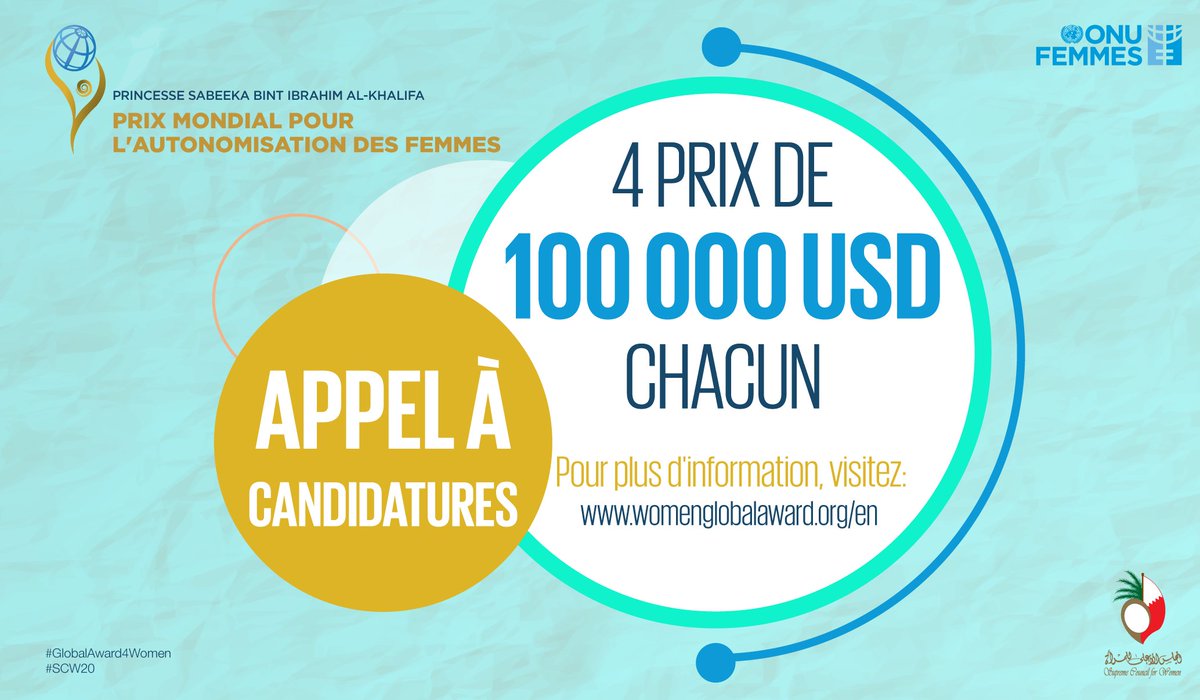 unwomenarabic's tweet photo. Vous travaillez sur des projets contribuant à l’autonomisation des femmes? Vous avez une chance de gagner 100 000 USD!

Postulez au Prix Mondial de la Princesse Sabeeka Bint Ibrahim Al Khalifa pour l'autonomisation des femmes.

Pour en postuler 👇
https://t.co/JjYXnAHF6N
#SCW20 https://t.co/r6iLBLe7Ub