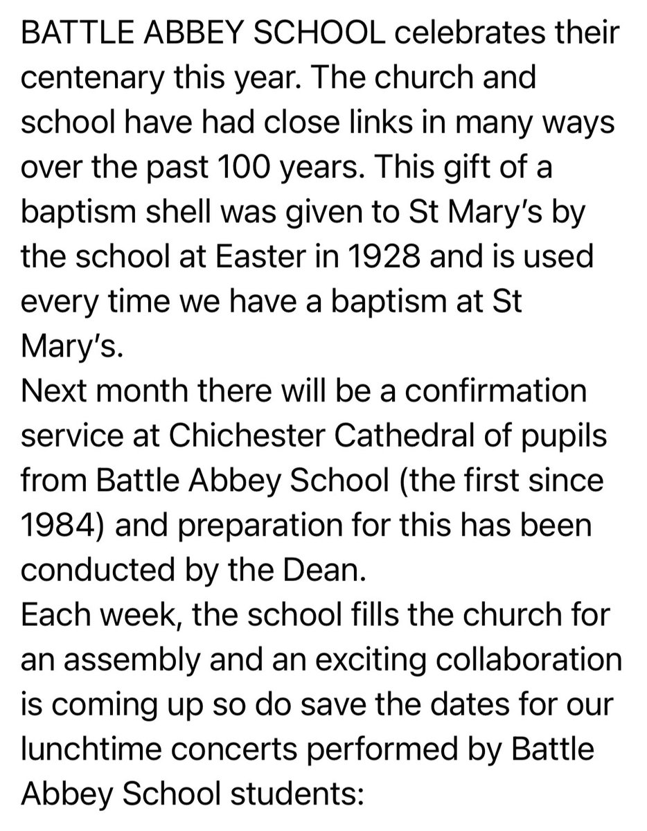stmarysbattle's tweet photo. BATTLE ABBEY SCHOOL celebrates their centenary this year. The church and school have had close links in many ways over the past 100 years. This gift of a baptism shell was given to St Mary’s by the school at Easter in 1928… see photos for more details… #battleabbeyschool https://t.co/r4AvnrmDLJ