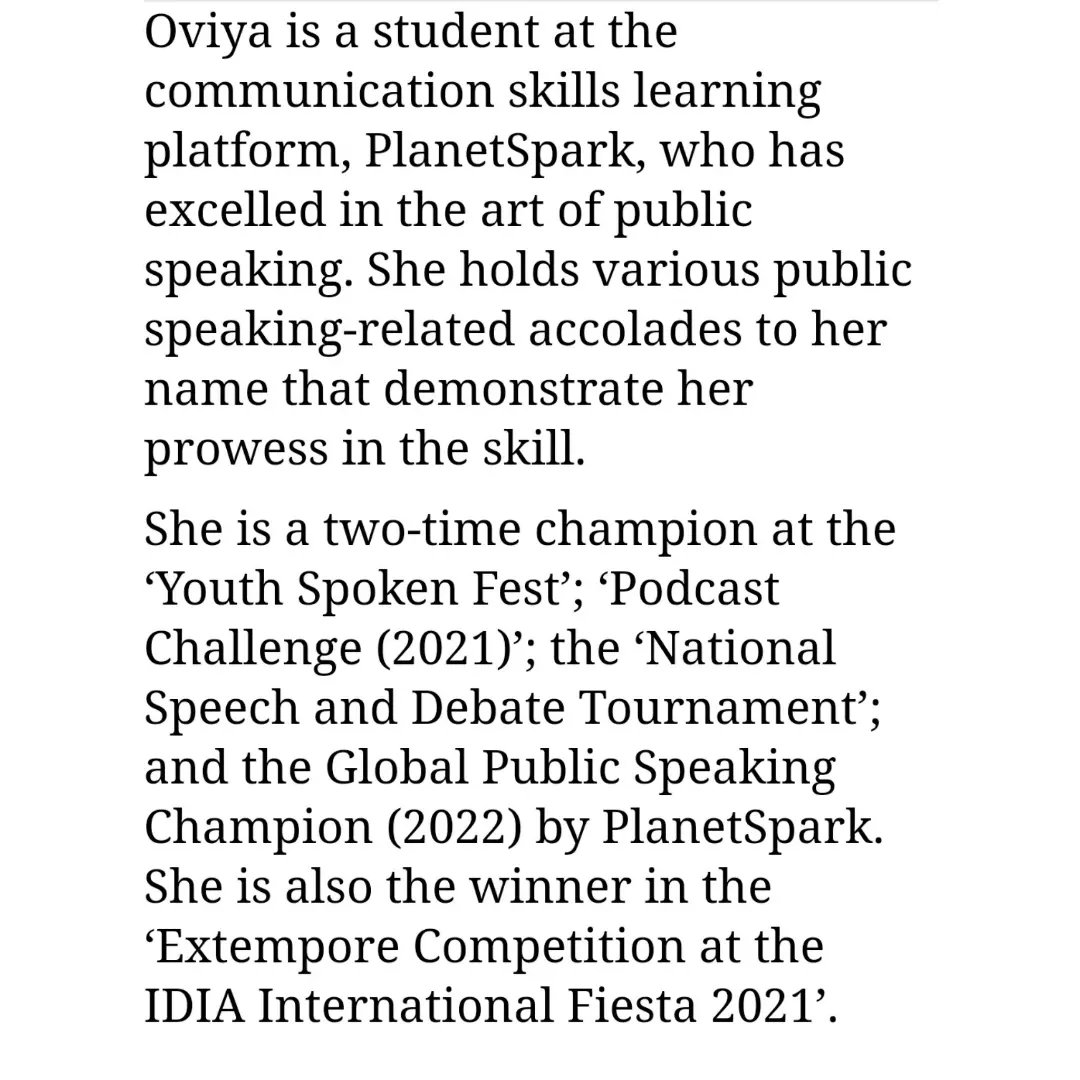 ConfianceComm's tweet photo. 11-year-old, public speaking champion Oviya Singh becomes one of the youngest Indians to give a TEDx talk. An opportunity provided by Ed-Tech platform @myplanetspark, Oviya used this platform to speak on the subject of "Soil Conservation". @CNNnews18
#PR #PlanetSpark #EdTech https://t.co/4Gpt3iOl3m