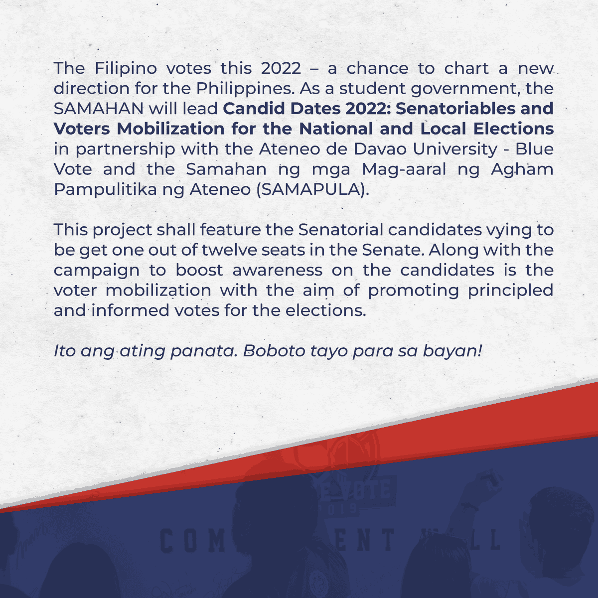 addusamahan's tweet photo. READ | The CANDID DATES 2022 seeks to boost students' awareness of our candidates and promote principled and informed votes for the upcoming 2022 elections.

Being informed voters entails great responsibility. Tayo na't bumoto para sa bayan! 🇵🇭
#Halalan2022 #PanataNgAtenista https://t.co/R5zv6NUvsc