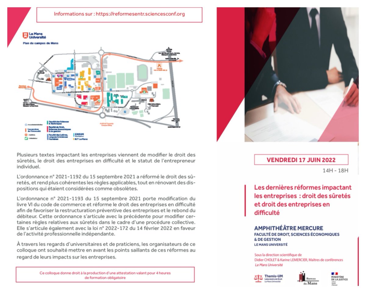 Réouverture des inscriptions pour le colloque sur « Les dernières réformes impactant les entreprises ». Hâte de retrouver tous les intervenants après une première annulation « covid » cc ⁦<a href="/lionelandreu/">Lionel Andreu</a>⁩ ⁦<a href="/mercierfrcs/">François Mercier</a>⁩ ⁦<a href="/LeMansUniv/">Le Mans Université</a>⁩