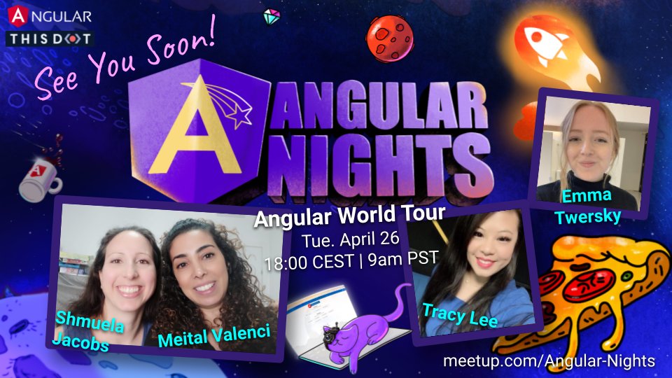 AngularNights's tweet image. Tomorrow!❤️🔥The @Angular World Tour 🌍 ft.
>@twerske from the Angular Team ➡️ State of Angular,
>@ladyleet from @ThisDotLabs (sponsoring) ➡️ Contributing to OS,
>@vmeital80 from @varonis ➡️ Testing Common Use Cases
>@ShmuelaJ hosting & inspiring
Online 💻
👉meetup.com/Angular-Nights…