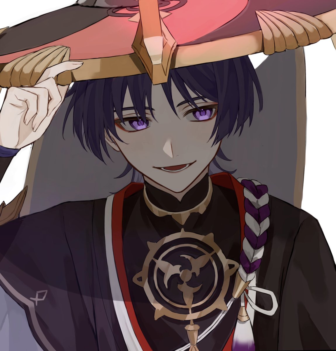 scaramouche (genshin impact) 1boy male focus hat purple eyes solo jingasa kote  illustration images