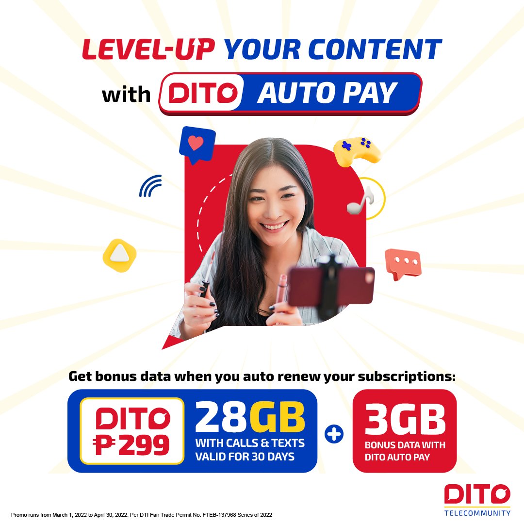 DITOphofficial's tweet photo. Keep your followers updated with your newest TikTok or vlog when you automatically resubscribe to DITO Auto Pay with DITO Level-Up Pack 299!
Subscribe na DITO!β
Learn more: https://t.co/AoDyZ9ol11β
#LevelUpDITO #DITOAutoPay #DITOtelecommunity https://t.co/AJwMKHunm5