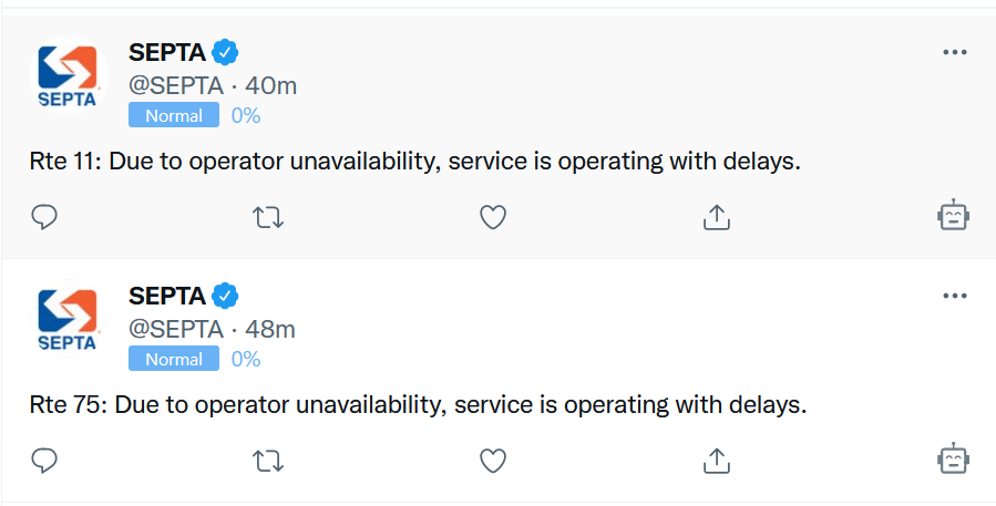 Mrele11's tweet photo. @NYCTSubway Seeing a lot of crew shortages in NYC and Philly this morning. @capntransit @PatcoWatchers https://t.co/SNaeGP7Pf6