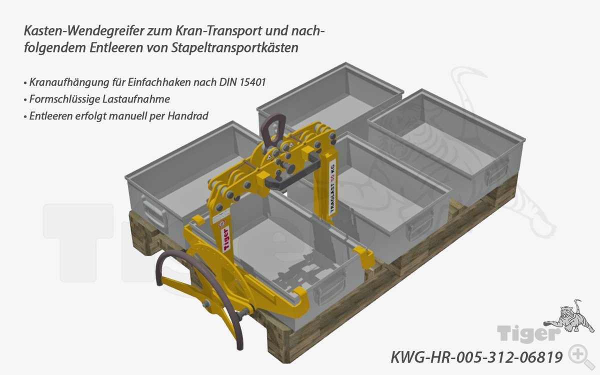 #Kastenwendegreifer zum Kran-Transport und nachfolgendem Entleeren von Stapeltransportkästen
 
• Passend für Kästen aus Stahlblech L 480 x B 295 x H 135 mm • Entleeren erfolgt manuell per Handrad • Formschlüssiges #Lastaufnahmemittel

tiger-lastaufnahmemittel.de/1774/kastengre…