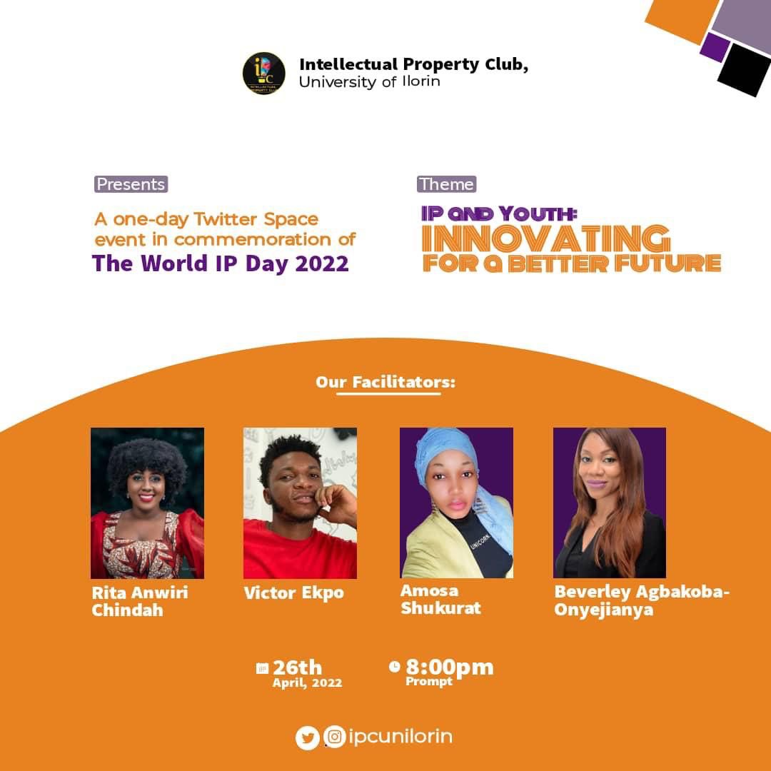 IPCunilorin's tweet photo. 1 DAY TO GO! 🌎💡  #ipcunilorin  #worldipday2022

Set a reminder for the upcoming World IP Day Twitter space event💡🧏‍♀️🧏‍♀️
https://t.co/QX0trX3cyE https://t.co/6g3L2I5B9U